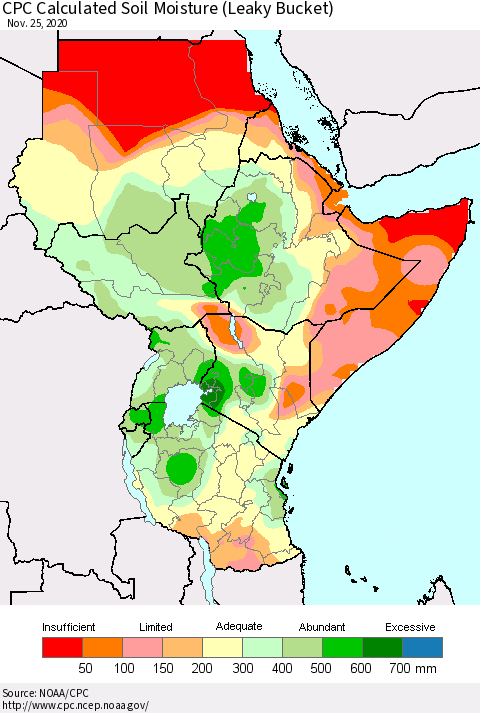 Eastern Africa CPC Calculated Soil Moisture (Leaky Bucket) Thematic Map For 11/21/2020 - 11/25/2020