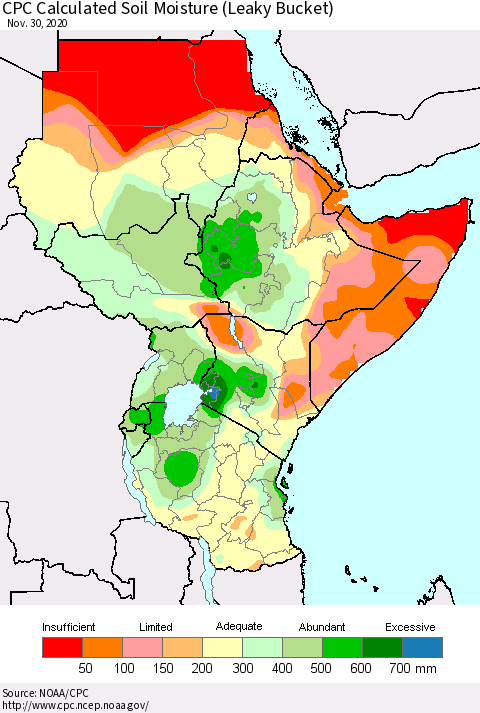 Eastern Africa CPC Calculated Soil Moisture (Leaky Bucket) Thematic Map For 11/26/2020 - 11/30/2020