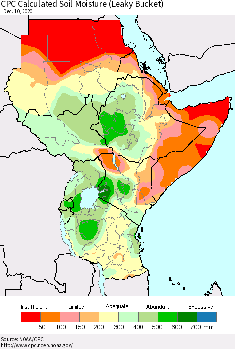 Eastern Africa CPC Calculated Soil Moisture (Leaky Bucket) Thematic Map For 12/6/2020 - 12/10/2020