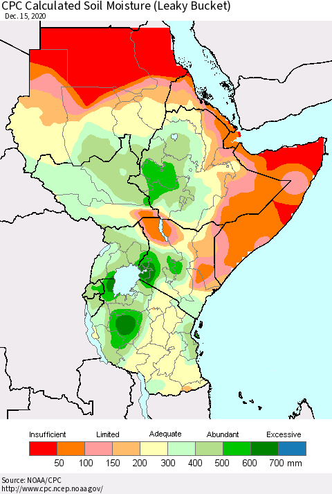 Eastern Africa CPC Calculated Soil Moisture (Leaky Bucket) Thematic Map For 12/11/2020 - 12/15/2020