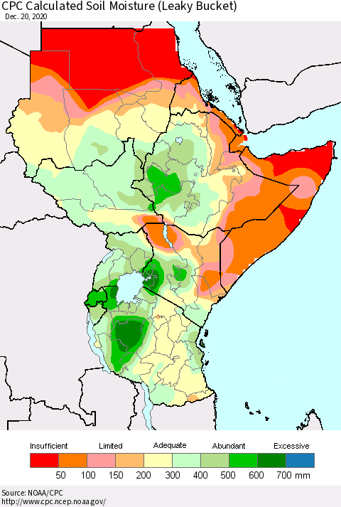 Eastern Africa CPC Soil Moisture (Leaky Bucket) Thematic Map For 12/16/2020 - 12/20/2020