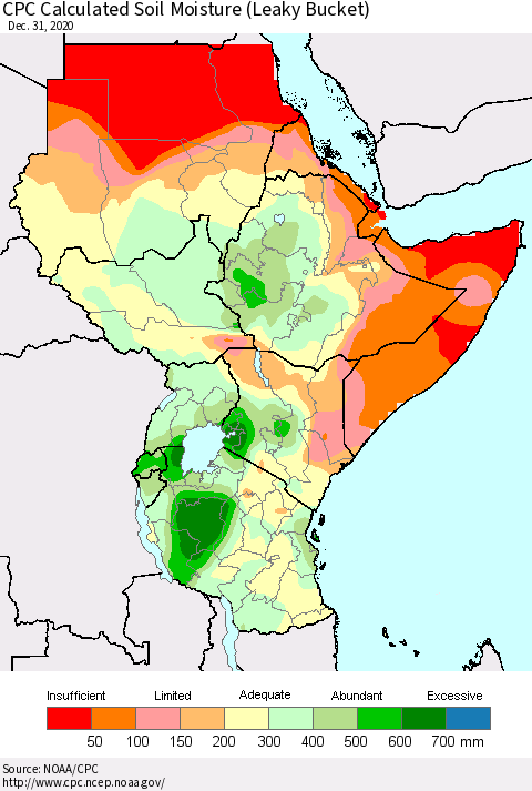 Eastern Africa CPC Calculated Soil Moisture (Leaky Bucket) Thematic Map For 12/26/2020 - 12/31/2020