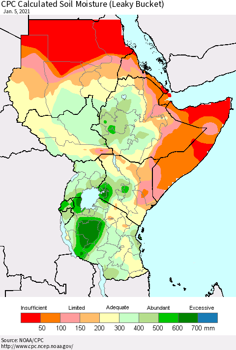 Eastern Africa CPC Soil Moisture (Leaky Bucket) Thematic Map For 1/1/2021 - 1/5/2021