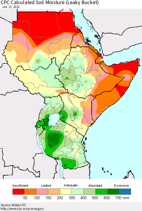 Eastern Africa CPC Soil Moisture (Leaky Bucket) Thematic Map For 1/11/2021 - 1/15/2021