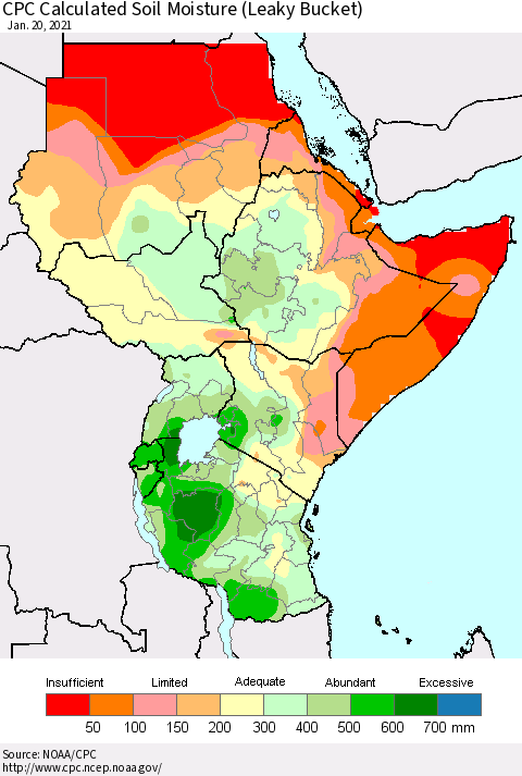 Eastern Africa CPC Soil Moisture (Leaky Bucket) Thematic Map For 1/16/2021 - 1/20/2021