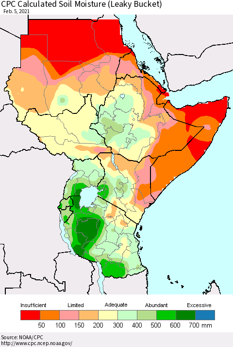 Eastern Africa CPC Soil Moisture (Leaky Bucket) Thematic Map For 2/1/2021 - 2/5/2021