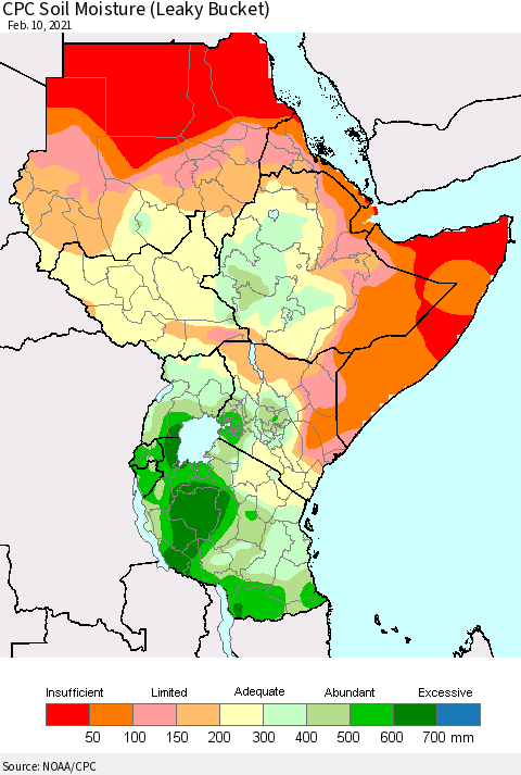 Eastern Africa CPC Soil Moisture (Leaky Bucket) Thematic Map For 2/6/2021 - 2/10/2021