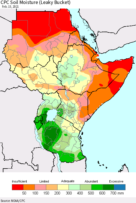 Eastern Africa CPC Soil Moisture (Leaky Bucket) Thematic Map For 2/11/2021 - 2/15/2021