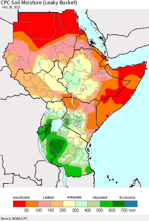 Eastern Africa CPC Soil Moisture (Leaky Bucket) Thematic Map For 2/26/2021 - 2/28/2021