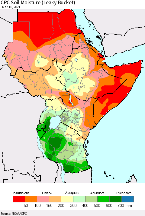 Eastern Africa CPC Calculated Soil Moisture (Leaky Bucket) Thematic Map For 3/6/2021 - 3/10/2021