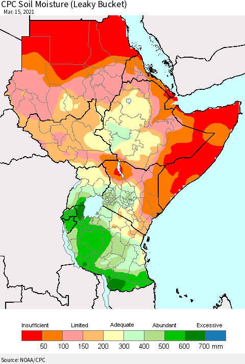 Eastern Africa CPC Calculated Soil Moisture (Leaky Bucket) Thematic Map For 3/11/2021 - 3/15/2021