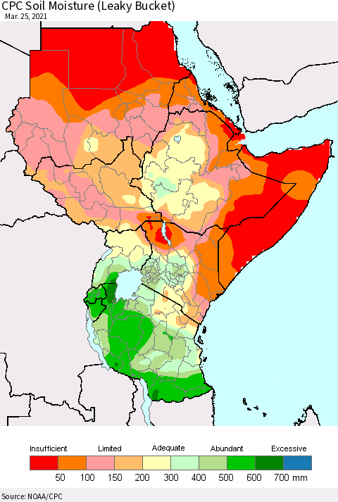 Eastern Africa CPC Calculated Soil Moisture (Leaky Bucket) Thematic Map For 3/21/2021 - 3/25/2021