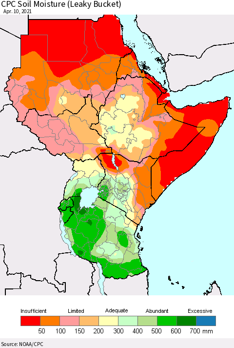 Eastern Africa CPC Calculated Soil Moisture (Leaky Bucket) Thematic Map For 4/6/2021 - 4/10/2021