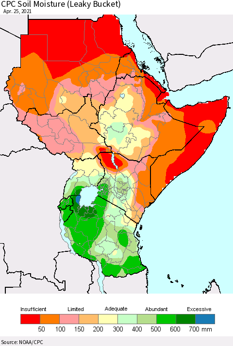 Eastern Africa CPC Calculated Soil Moisture (Leaky Bucket) Thematic Map For 4/21/2021 - 4/25/2021