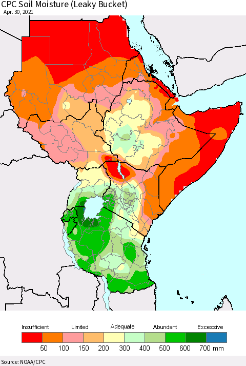 Eastern Africa CPC Soil Moisture (Leaky Bucket) Thematic Map For 4/26/2021 - 4/30/2021