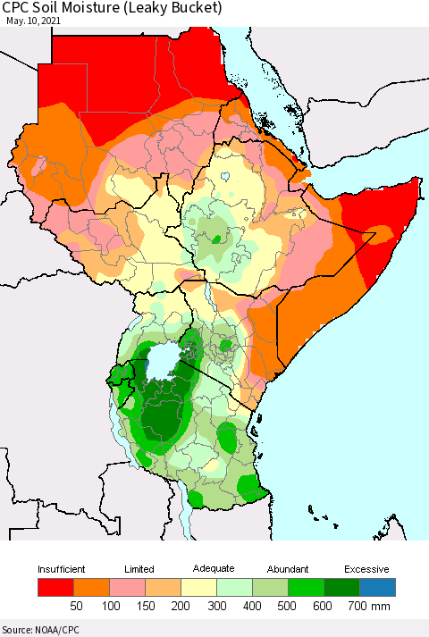 Eastern Africa CPC Calculated Soil Moisture (Leaky Bucket) Thematic Map For 5/6/2021 - 5/10/2021