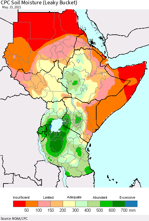 Eastern Africa CPC Calculated Soil Moisture (Leaky Bucket) Thematic Map For 5/11/2021 - 5/15/2021
