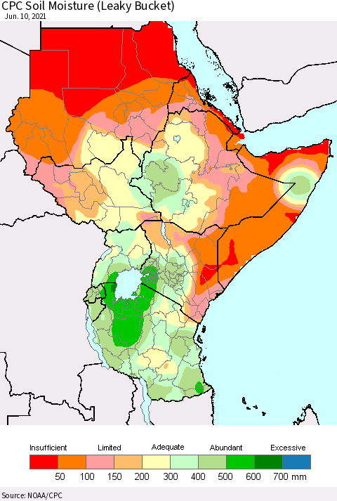 Eastern Africa CPC Calculated Soil Moisture (Leaky Bucket) Thematic Map For 6/6/2021 - 6/10/2021
