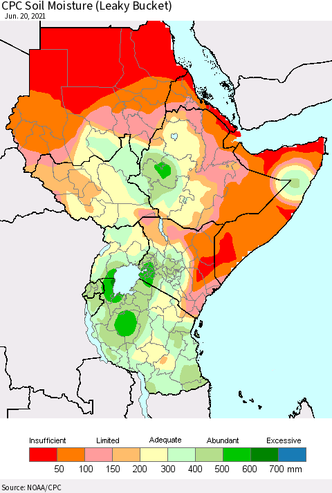 Eastern Africa CPC Soil Moisture (Leaky Bucket) Thematic Map For 6/16/2021 - 6/20/2021