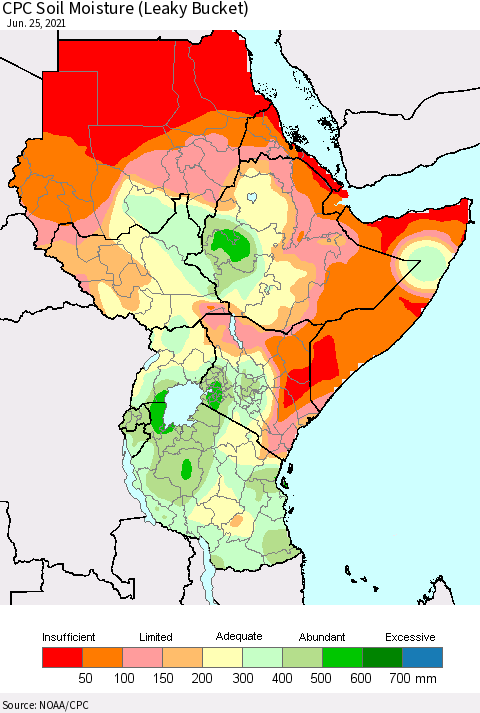 Eastern Africa CPC Soil Moisture (Leaky Bucket) Thematic Map For 6/21/2021 - 6/25/2021
