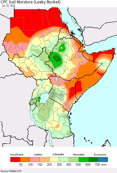 Eastern Africa CPC Calculated Soil Moisture (Leaky Bucket) Thematic Map For 7/6/2021 - 7/10/2021