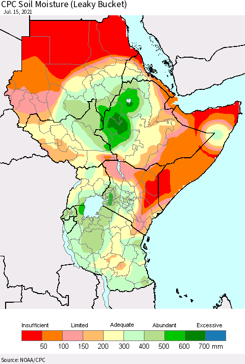 Eastern Africa CPC Calculated Soil Moisture (Leaky Bucket) Thematic Map For 7/11/2021 - 7/15/2021
