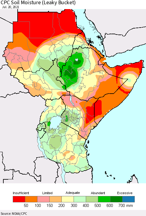 Eastern Africa CPC Calculated Soil Moisture (Leaky Bucket) Thematic Map For 7/16/2021 - 7/20/2021