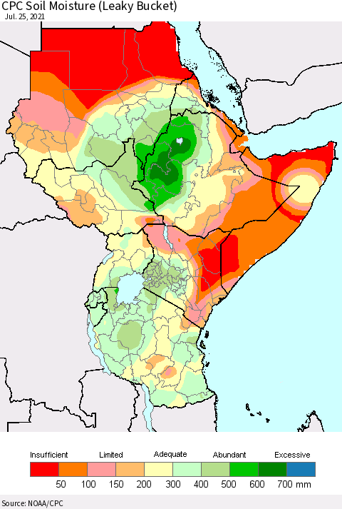 Eastern Africa CPC Calculated Soil Moisture (Leaky Bucket) Thematic Map For 7/21/2021 - 7/25/2021