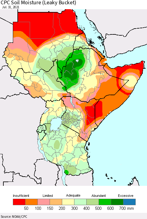 Eastern Africa CPC Calculated Soil Moisture (Leaky Bucket) Thematic Map For 7/26/2021 - 7/31/2021
