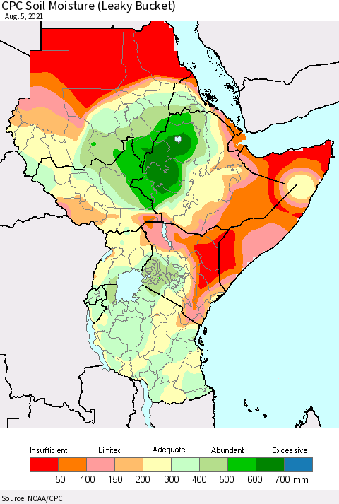 Eastern Africa CPC Calculated Soil Moisture (Leaky Bucket) Thematic Map For 8/1/2021 - 8/5/2021