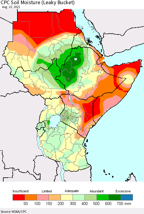 Eastern Africa CPC Soil Moisture (Leaky Bucket) Thematic Map For 8/6/2021 - 8/10/2021