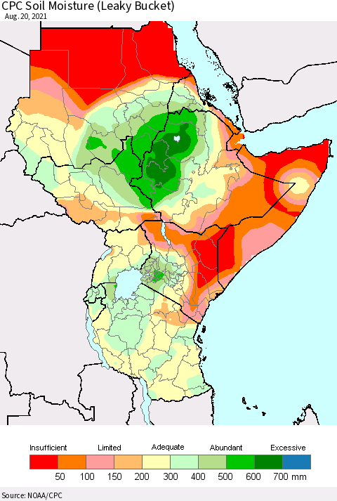 Eastern Africa CPC Soil Moisture (Leaky Bucket) Thematic Map For 8/16/2021 - 8/20/2021