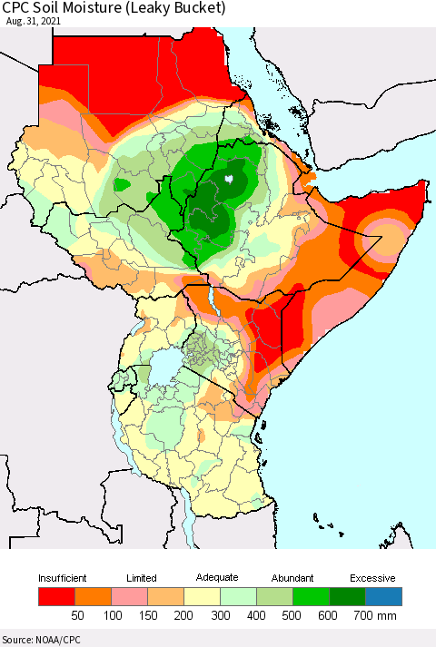 Eastern Africa CPC Calculated Soil Moisture (Leaky Bucket) Thematic Map For 8/26/2021 - 8/31/2021