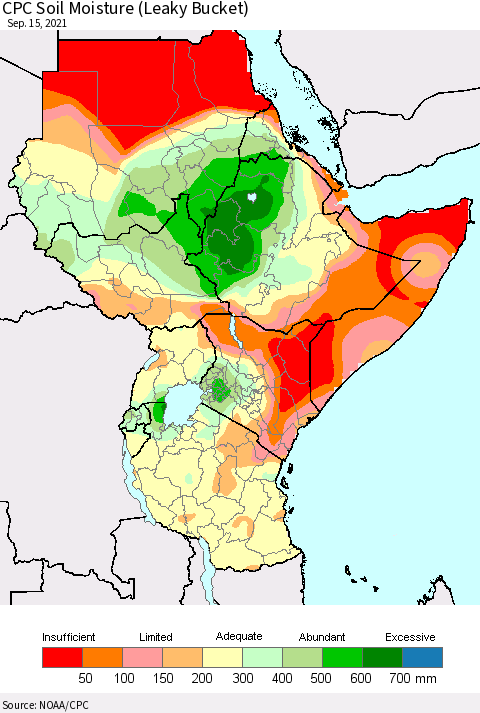 Eastern Africa CPC Calculated Soil Moisture (Leaky Bucket) Thematic Map For 9/11/2021 - 9/15/2021