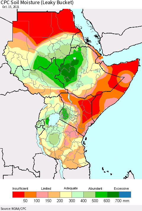 Eastern Africa CPC Calculated Soil Moisture (Leaky Bucket) Thematic Map For 10/11/2021 - 10/15/2021