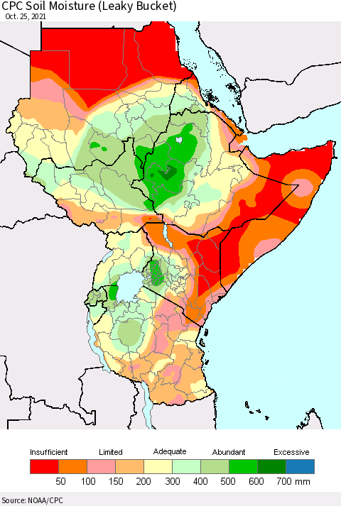 Eastern Africa CPC Calculated Soil Moisture (Leaky Bucket) Thematic Map For 10/21/2021 - 10/25/2021
