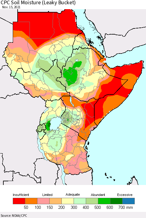 Eastern Africa CPC Calculated Soil Moisture (Leaky Bucket) Thematic Map For 11/11/2021 - 11/15/2021