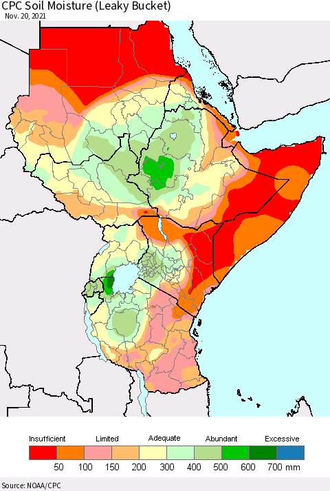 Eastern Africa CPC Soil Moisture (Leaky Bucket) Thematic Map For 11/16/2021 - 11/20/2021