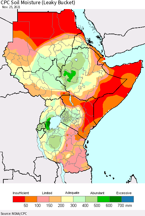 Eastern Africa CPC Calculated Soil Moisture (Leaky Bucket) Thematic Map For 11/21/2021 - 11/25/2021