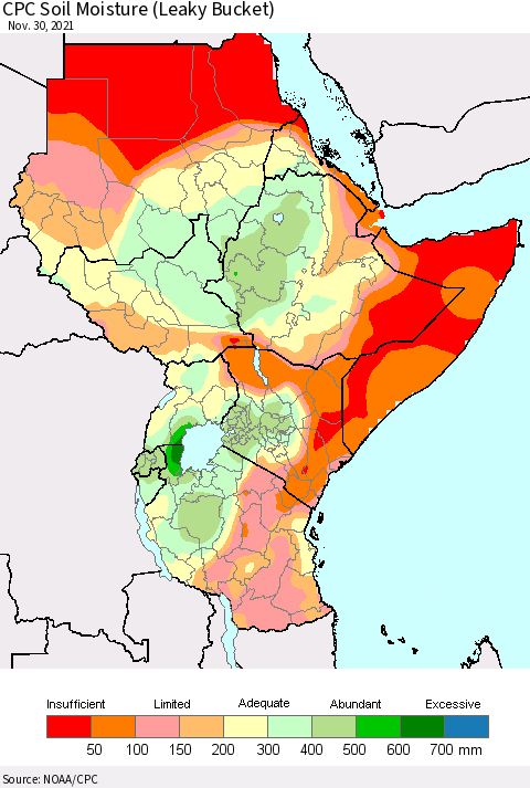 Eastern Africa CPC Soil Moisture (Leaky Bucket) Thematic Map For 11/26/2021 - 11/30/2021