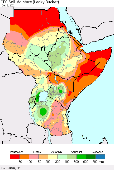 Eastern Africa CPC Calculated Soil Moisture (Leaky Bucket) Thematic Map For 12/1/2021 - 12/5/2021