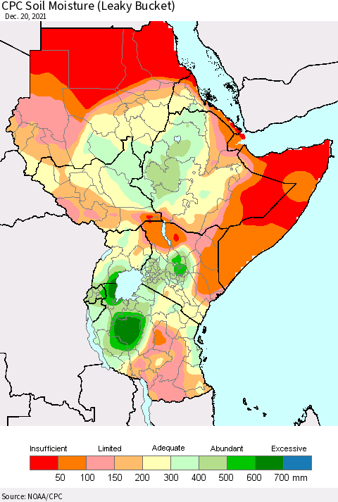 Eastern Africa CPC Calculated Soil Moisture (Leaky Bucket) Thematic Map For 12/16/2021 - 12/20/2021