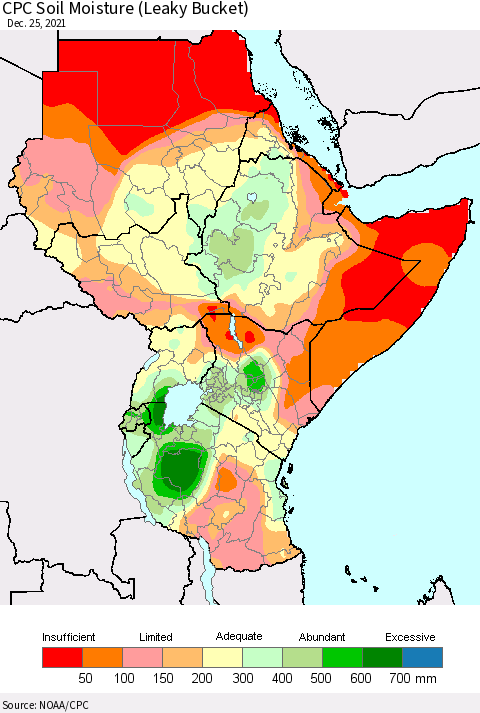 Eastern Africa CPC Soil Moisture (Leaky Bucket) Thematic Map For 12/21/2021 - 12/25/2021