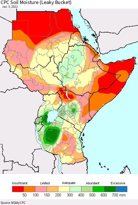Eastern Africa CPC Soil Moisture (Leaky Bucket) Thematic Map For 1/1/2022 - 1/5/2022