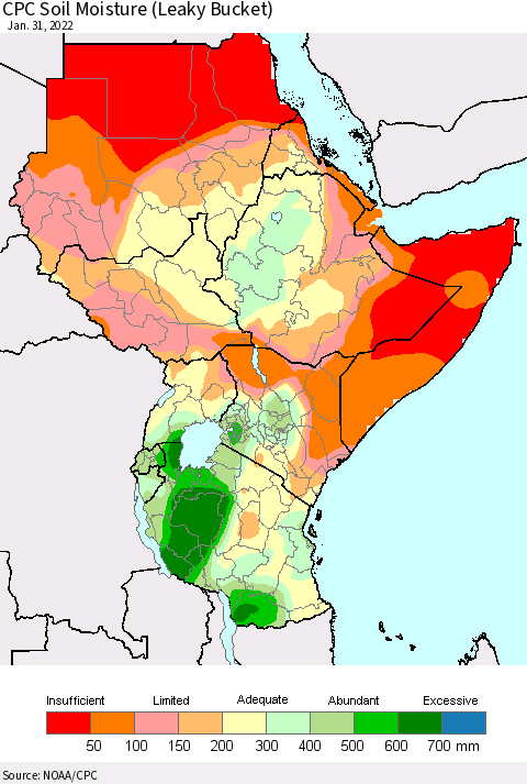 Eastern Africa CPC Soil Moisture (Leaky Bucket) Thematic Map For 1/26/2022 - 1/31/2022