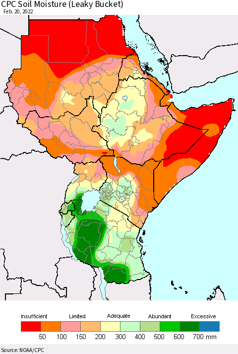 Eastern Africa CPC Soil Moisture (Leaky Bucket) Thematic Map For 2/16/2022 - 2/20/2022