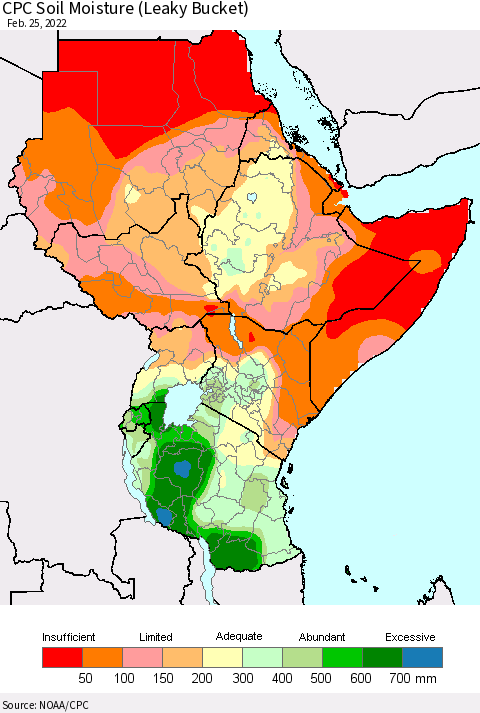 Eastern Africa CPC Soil Moisture (Leaky Bucket) Thematic Map For 2/21/2022 - 2/25/2022
