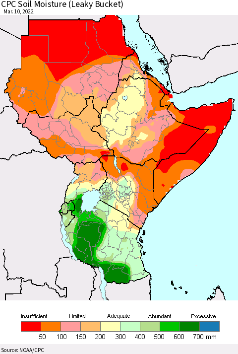 Eastern Africa CPC Calculated Soil Moisture (Leaky Bucket) Thematic Map For 3/6/2022 - 3/10/2022