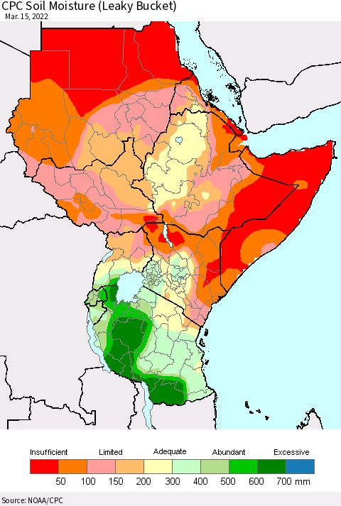 Eastern Africa CPC Calculated Soil Moisture (Leaky Bucket) Thematic Map For 3/11/2022 - 3/15/2022