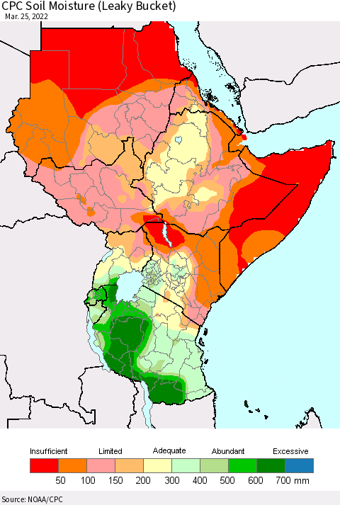 Eastern Africa CPC Calculated Soil Moisture (Leaky Bucket) Thematic Map For 3/21/2022 - 3/25/2022